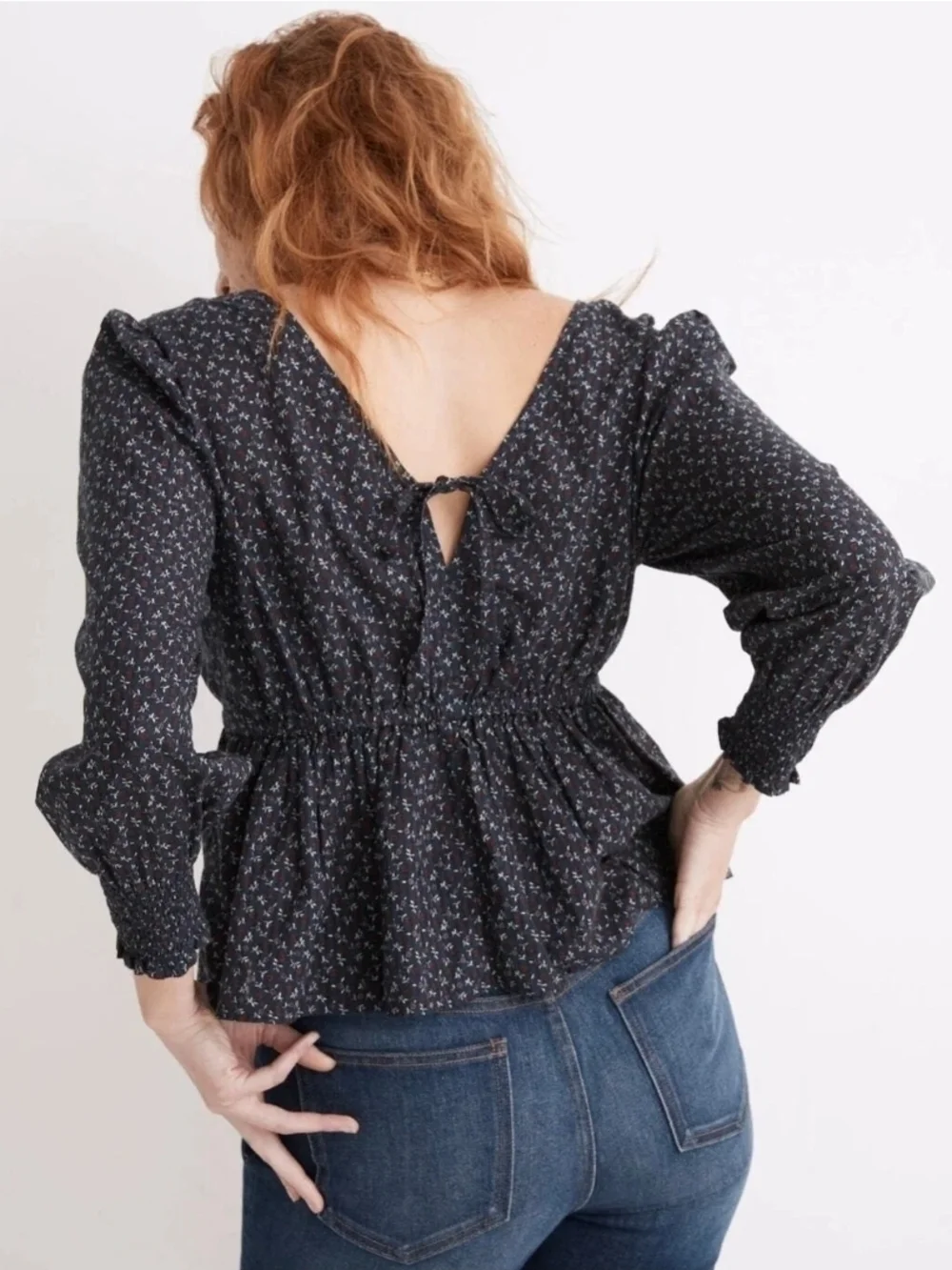 MADEWELL Tie-Back Peplum Top Womens XS Navy Blue Campden Daisies Cottegecore